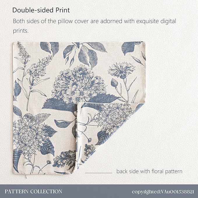 Foindtower Set of 2 Linen Floral Vintage Throw Pillow Covers Neutral Accent Print Decorative Cushion Covers Farmhouse Boho Home Decor for Sofa Chair Couch Bedroom Living Room,22×22 Inch,Blue
