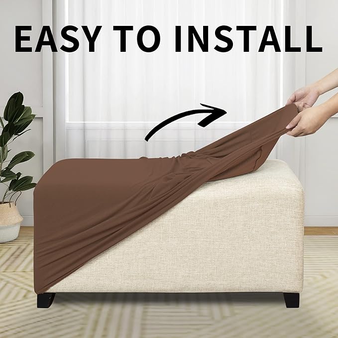 Easy-Going 100% Dual Waterproof Stretch Ottoman Cover Rectangle Folding Storage Stool Furniture Protector Soft Slipcover for Living Room with Elastic Bottom (Large, Brown)