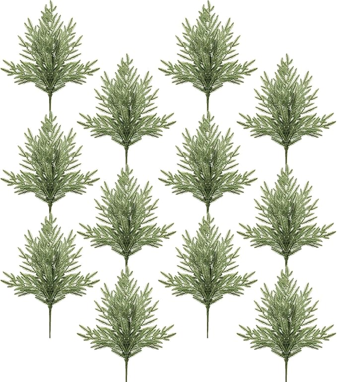 DN DECONATION Artificial Christmas Norfolk Pine Stems, Faux Pine Branches 22.4" 12PCS - Real Touch PE Greenery Fake Pine Needles for Vase Arrangements, Winter, Holiday Indoor Outdoor Home Decor