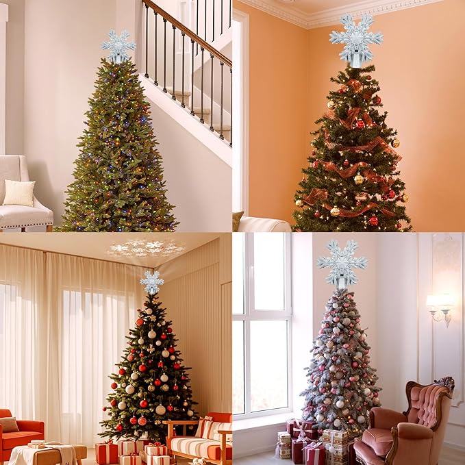 Christmas Snowflake Tree Topper with Rotating LED Projector, 3D Glitter Snowflake Plug-in Tree Top Ornament for Indoor Christmas Tree Decorations Holiday Decor