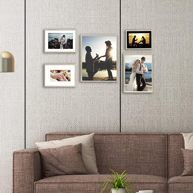 4x6 Picture Frame Set of 4, Matted Champagne Simple Modern Brushed Thin Aluminum Metal Photo Frame Fits 3x5 with Mat or 4 x 6 without Mat Vertical and Horizontal for Tabletop and Wall Mounting