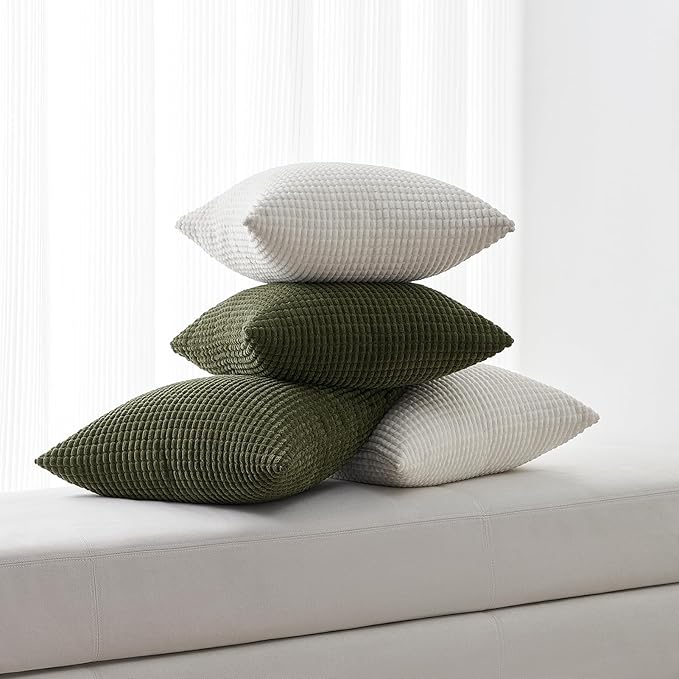 Topfinel 4 Packs OliveGreen Decorative Throw Pillow Covers 18x18 Inch for Living Room Couch Bed Sofa, Boho Western Farmhouse Home Decor, Square Soft Moss Corduroy Fall Cushion Case 45x45 cm