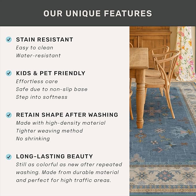 Boho 6x8 Living Room Rugs - Modern Blue Dining Room Rug for Under Table, Lightweight Washable Foldable Low Pile Soft Carpet, Eclectic Floral Bedroom Décor Aesthetic