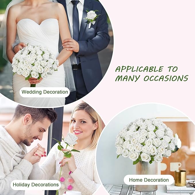 Artificial Flowers Roses Touch Fake Rose Bouquet Flower Stem for Wedding Centerpieces DIY Wreath Home Decorations Silk Roses Mothers Party Fake Outdoor Flowers Decor19.6“ (White 100PCS)