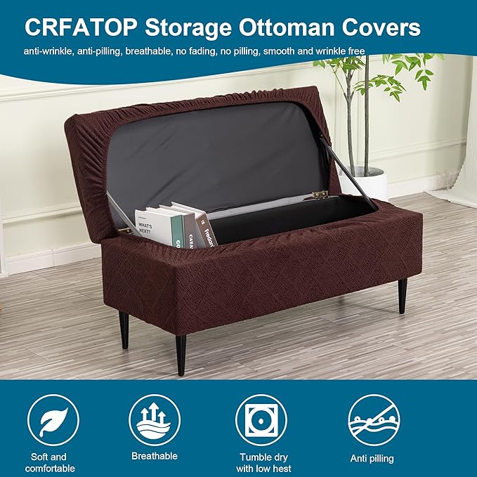 CRFATOP Jacquard Rectangle Ottoman Stool Cover Stretch Folding Storage Footstool Bench Slipcovers Upholstered Foot Chest Chair Covers Washable Entryway Furniture Protector with Elastic Bands,S,Coffee