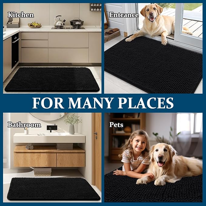 OLANLY Dog Door Mat for Muddy Paws 34x21, Absorbs Moisture and Dirt, Absorbent Non-Slip Washable Doormat, Quick Dry Chenille Mud Mat for Dogs, Entry Indoor Entryway Carpet for Inside Floor, Black