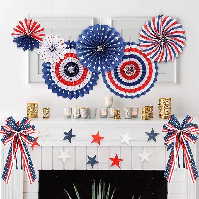 2 Pcs Patriotic Bows for Wreaths Decorations,Red White Blue Stripe String Stars Tree Topper Bow for 4th of July,Independence Day,Memorial Day,Veteran's Day,USA,American Front Door Indoor Outdoor Decor