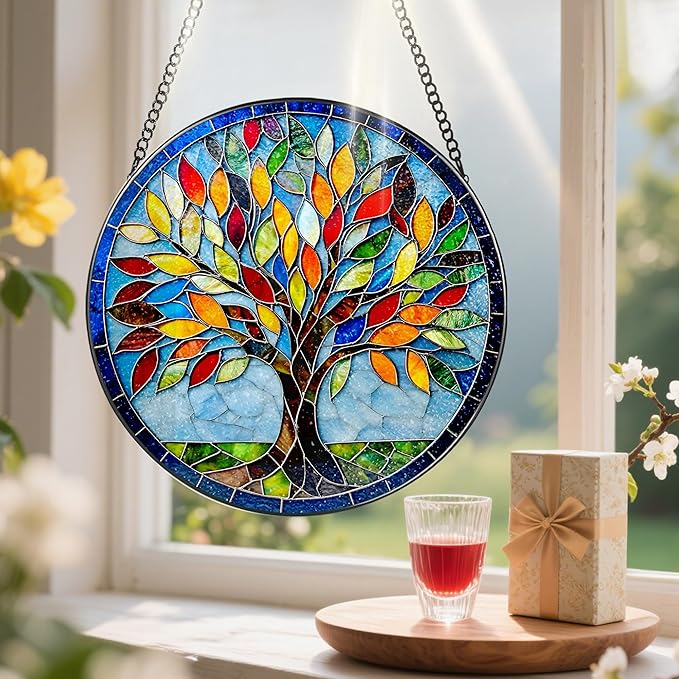 8-Inch Stained Glass Ornament, Stained Glass Window Hanging, Suncatcher Window Hanging, Home Decor, Tree of Life Ornament | Mother's Day, Christmas, Birthday, Housewarming | Gifts for Mom & Friend