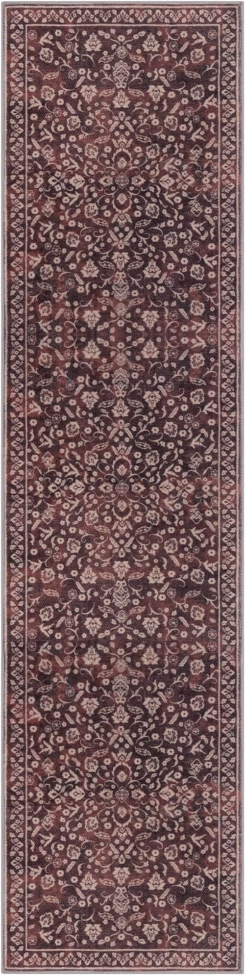 Vintage Washable 2x8 Runner Rug Non Slip, Burgundy Hallway Runner Rug, Super Soft Kitchen Runner Rug, Printed Faux Wool Thin Carpet Runner for Entryway Indoor Laundry Room Bedroom