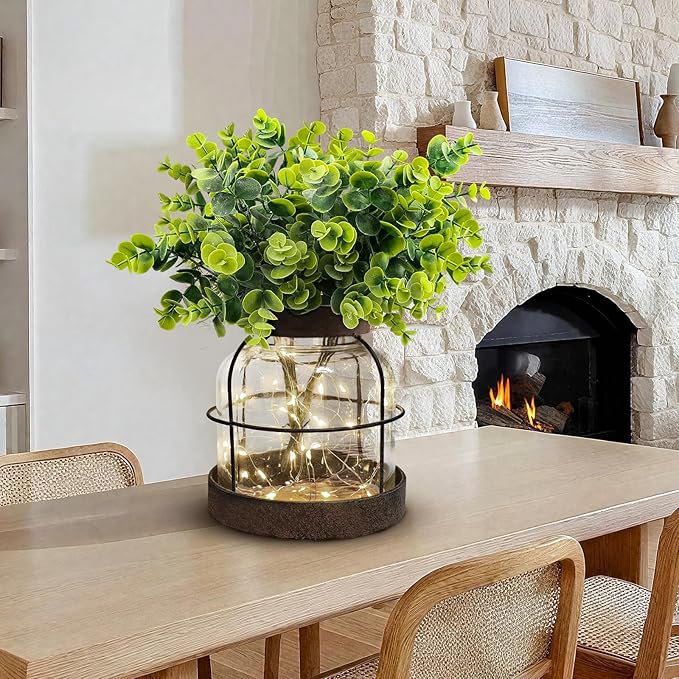Rustic Farmhouse Glass Vases with Green Artificial Eucalyptus Plants & Lights Primitive Vintage Lantern Home Decor Centerpiece for Counter Coffee Table Shelf Desk Office Dining Room Kitchen Bathroom