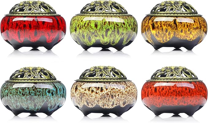 Incense Burner with Calabash Incense Stick Holder - Porcelain Charcoal Censer for Use with Resin Granular Powder Cone or Coil Incense (Kiln-Colored Green)