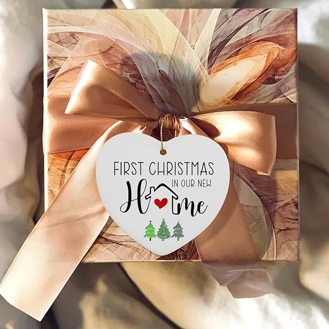 First Christmas in Our New Home Ceramic Heart Keepsake Hanging Ornament Housewarming Gifts New Home Hostess Gifts for Women Christmas Birthday Ornament for Couples Family