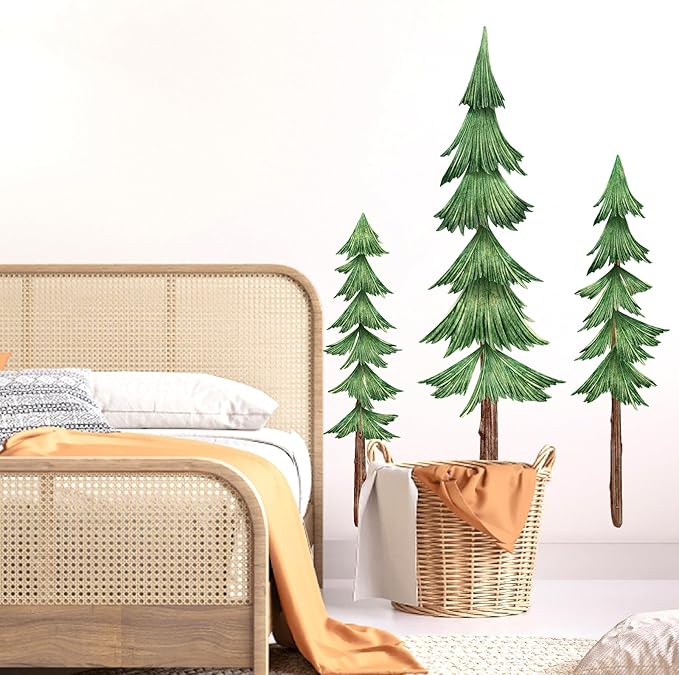 Large Pine Tree Wall Decals Peel and Stick Watercolor Extra Large Tree Wall Decal Forest Nature Green Trees Stickers Woodland Giant Pine Trees Decals for Nursery Kids Room Decor