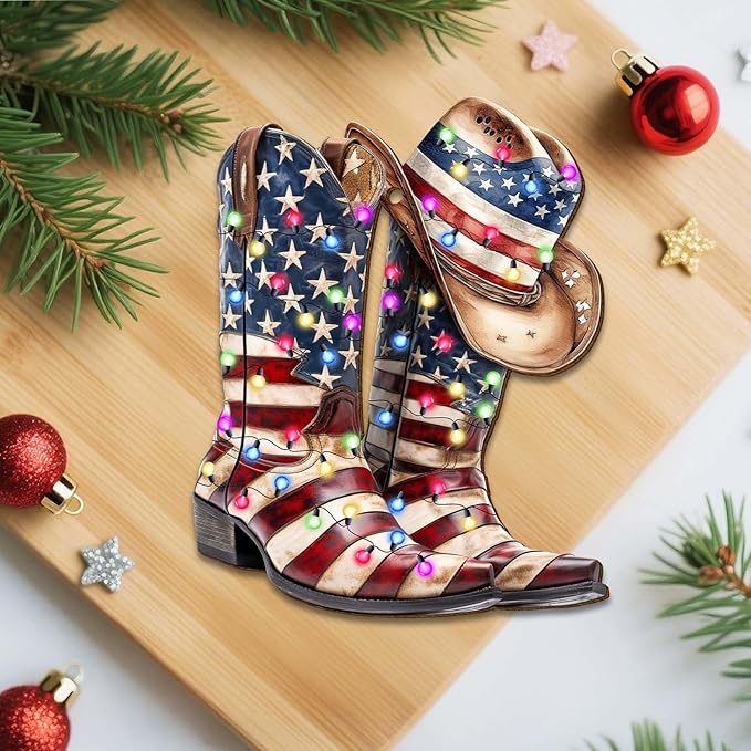 Cowboy Boot Christmas Tree Keepsake Ornaments, American Flag Themed 2 Side Printed Flat Wooden Ornament, Xmas Hanging Decor