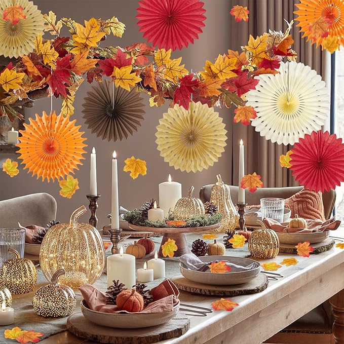Fall Party Decorations, Fall Hanging Paper Fans, 100 Pcs Artificial Maple Leaves, Fall Leaves Garland, Fall Hanging Decorations, Pumpkin Orange Colors for Thanksgiving, Harvest Home Decor