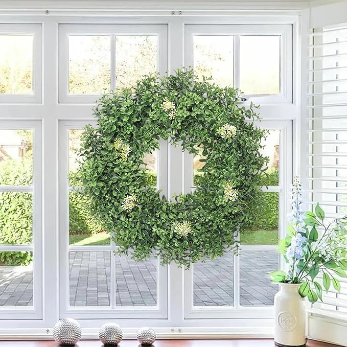 Weldomcor Green Boxwood Wreaths for Front Door 22 Inch, Spring Summer Artificial Greenery Wreath with Berries Outside All Season Farmhouse Decoration for Outdoor Indoor Home Porch Window Wedding Decor