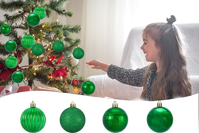 Small Size 28ct shatterproof Christmas Ball Ornaments in 4 Classic finishes for Christmas Tree Decoration (Green, 1.57“ Mini Size)