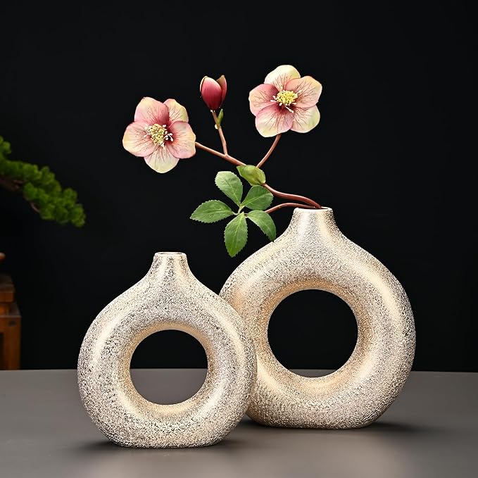 Modern Donut-Shaped Decorative Vases, Handmade Minimalist Boho ins Style, Modern Vase for Home Decor for Wedding Dinner Table Party Living Room Office Bedroom (Gold, Large + Small)
