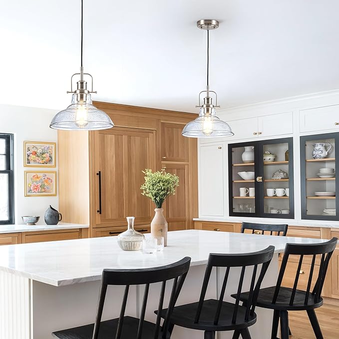Modern Glass Pendant Light,Farmhouse Industrial Light Fixture with Adjustable Cord, Seeded Glass Shade, Hanging Lights for Kitchen Island,Hallway, Dinning Room