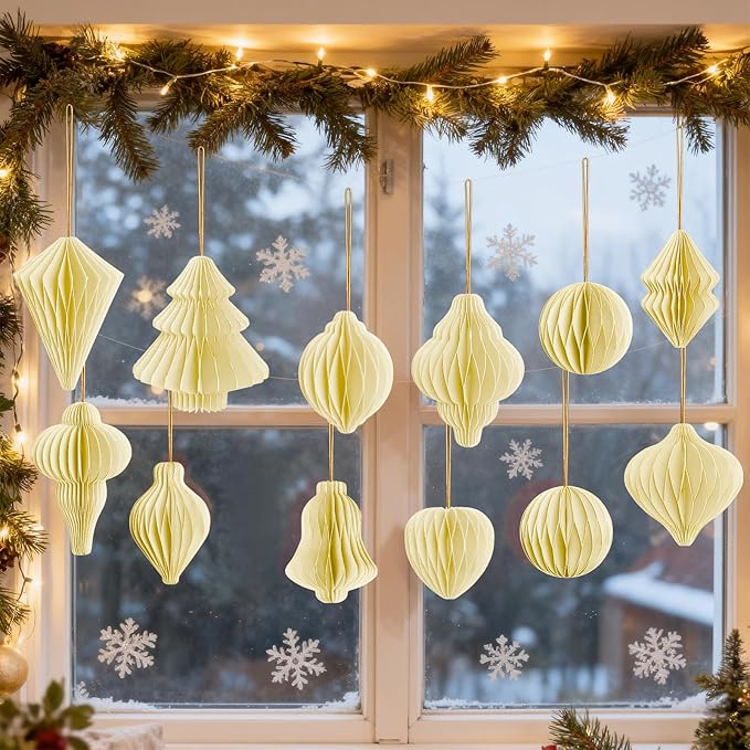 12Pcs Beige Paper Christmas Party Decorations, 3D Honeycomb Paper Hanging Ornaments with Glitter, Boho Finial Honeycomb Lantern Neutral Ornaments for Christmas Trees Winter Wonderland Party