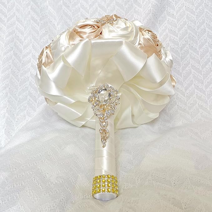Handmade Floral Satin Rose Butterfly Shape Rhinestone Bridal Bouquet Luxury Golden Rhinestone Artificial Flowers for Wedding