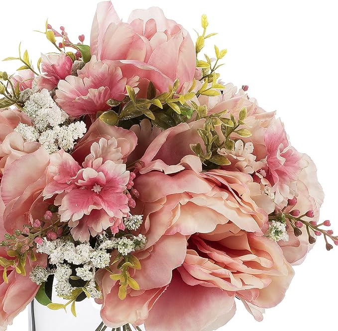 ENOVA FLORAL Artificial Silk Flower Arrangement with Vase,Mixed Artificial Silk Peony Flower in Vase for Decoration Home Office, Wedding Centerpiece (Champagne)