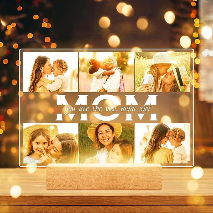 Personalized Gifts for Mom from Daughter Son, Custom Picture Frames with Photos, Customized Photo Frame with Night Light, Personalized Christmas Birthday Gifts for Mom Baby Kids Family
