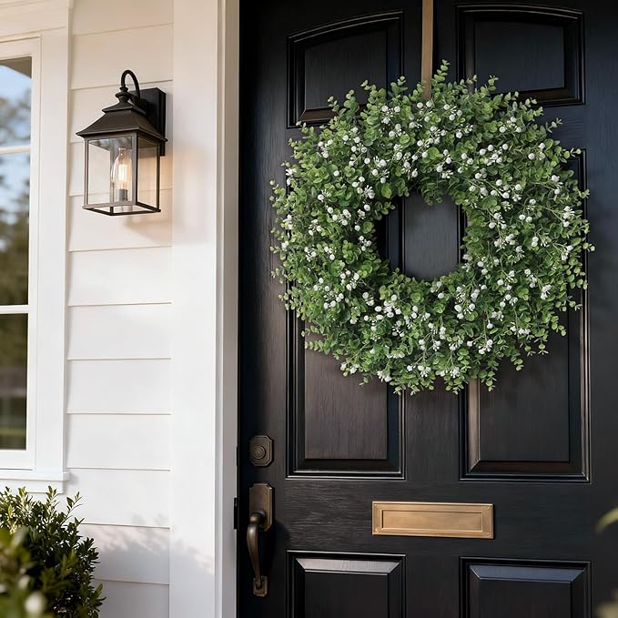26" Artificial Eucalyptus Wreath with Baby's Breath for Front Door - Faux Eucalyptus Leaves, Fake Spring/Summer Greenery Flowers Wreath for Porch, Farmhouse, Wall, Window Outdoor Decor