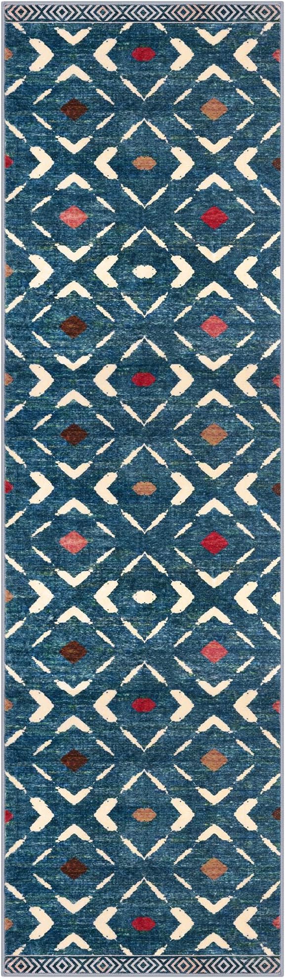 KILOCOCO Hallway Runner Rug 2'x7' Runners for Hallways Soft Washable Runner Rugs Non Slip Printed Low-Pile Runners for Bedroom Kitchen Living Room Laundry Room Boho Rugs, Teal/Blue