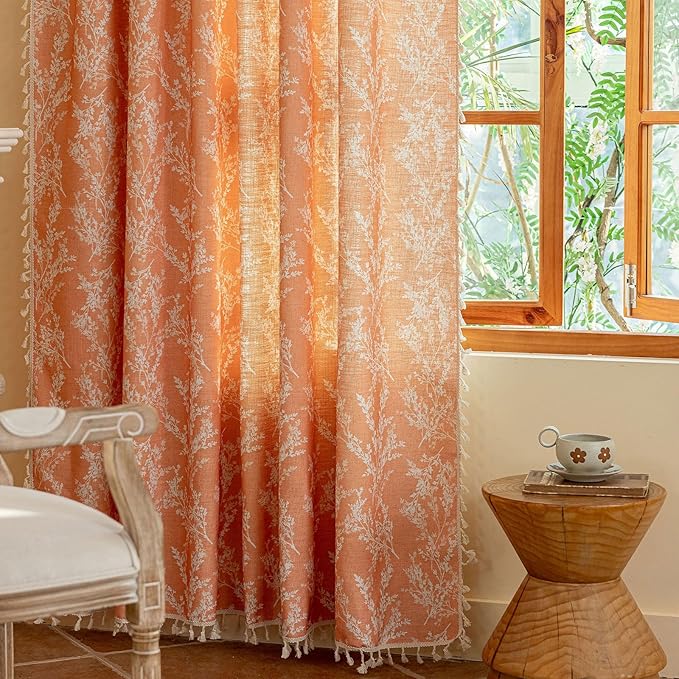 OYX Orange Curtains 96 Inch Length Boho Farmhouse Printed Floral Curtains for Bedroom 2 Panels, Burnt Semi Sheer Vintage Rustic Drapes for Living Room, Rod Pocket Tassel Decor Window Treatment