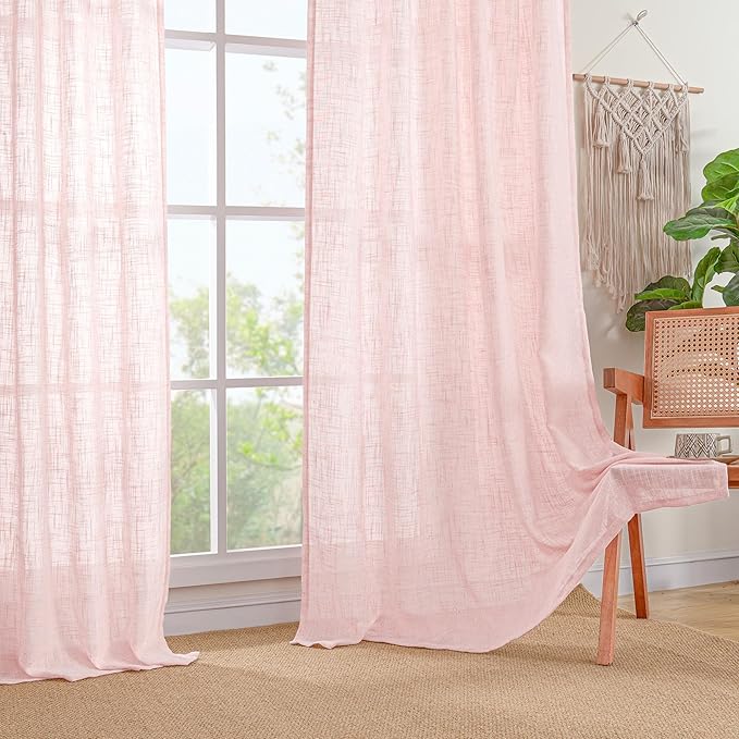 LAMIT 54 Inch Semi Sheer Window Linen Curtains, Light Filtering Panels Back Tab and Rod Pocket Country Decor Drapes for Bedroom/Girl'Room, Pink, 2 Panels, 34 x 54 Inch