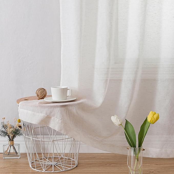 Lecloud Sheer Curtains 72 Inches Long 2 Panels Set, Linen Textured Natural Curtain Drapes for Living Room Bedroom, Farmhouse Gauzy Window Treatments with Dual Rod Pocket, Each Panel 42" W x 72" L