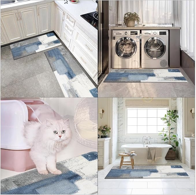 Arttown Blue Anti-Fatigue Kitchen Rug Set of 2 Navy Blue Grey Abstract Cushioned Floor Mat, Standing Waterproof Non-Slip Kitchen Mat and PVC Ergonomic Comfort Foam Rug
