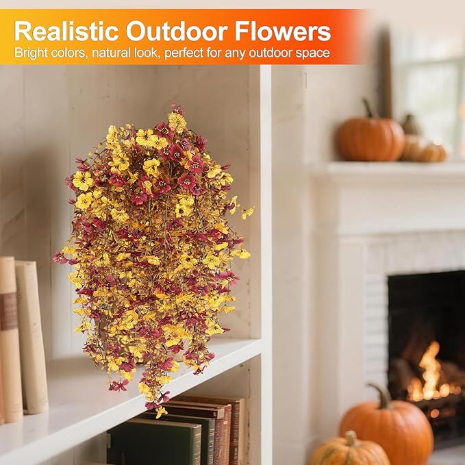 Fall Decor Artificial Flowers for Outdoor Decoration, 4Pcs Fake Hanging Flowers Mums Silk UV & Fading Resistant, Artificial Faux Plants for Home Patio Yard Garden Farmhouse Halloween