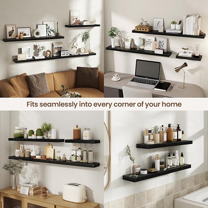 48 Inch Floating Shelves for Wall 2 Pack, 48" Wall Shelves for Books, Storage, Decor, Wall Mounted Floating Shelf with Invisible Brackets for Kitchen, Living Room, Black