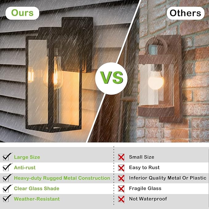 hykolity Large Outdoor Wall Light, 16 Inch Lantern, Dusk to Dawn Exterior Waterproof Sconce, Anti-Rust Mounted Lighting with Glass Shade, Matte Black Lamp with E26 Socket for Porch, 2 Pack