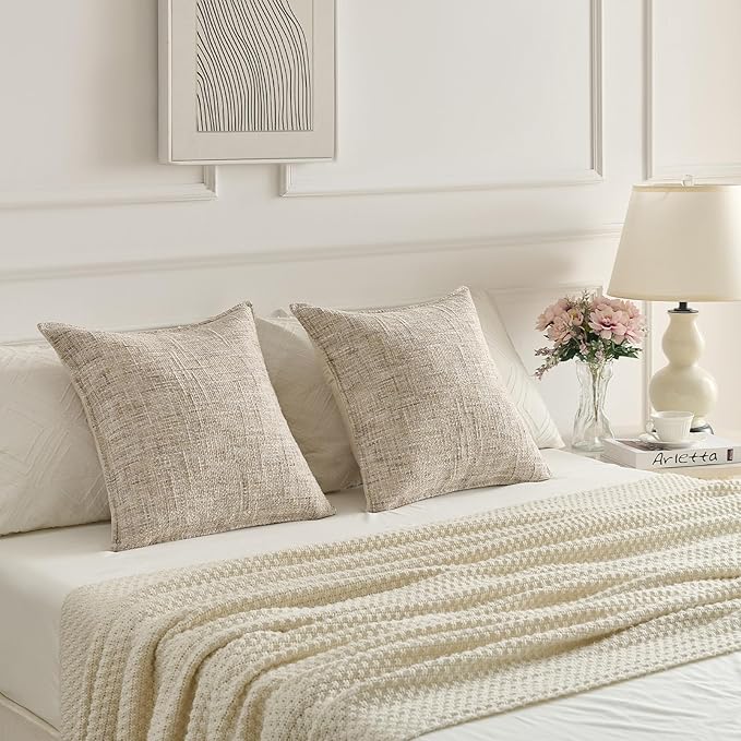 FUTEI Beige Decorative Throw Pillow Covers 22x22 Inch Set of 2,Soft Chenille Tweed Textured Cushion Case,Modern Home Decor for Couch Bed Living Room