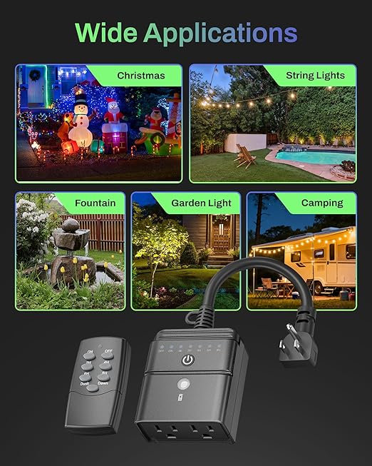 BN-LINK Outdoor Light Timer, Waterproof Plug-in Dusk-to-Dawn Controller with 2 Grounded Outlets for Christmas & Halloween String Lights, 15A 1/2HP, ETL Listed, 100 ft RF Range, Remote Included
