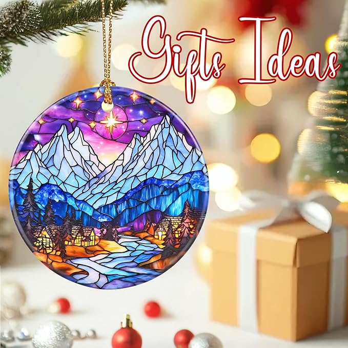 Christmas Ornaments, 2.8 Inch Ceramic Hanging Ornament, Christmas Tree Ornaments, Xmas Decorations, Holiday Decorations, Holiday Party Gifts, and Xmas Gift Ideas - Snow-Village Night