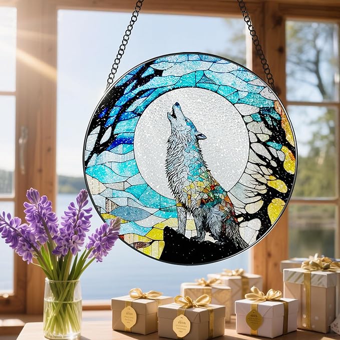 Stained Glass Window Hanging, Stained Glass Suncatcher, Wolf Sun Catcher, Window Decor, Wolf Lover Gift, Gifts for Fathers Day, Christmas or Birthday Gift, Gifts for Men Him Dad Grandfather Son