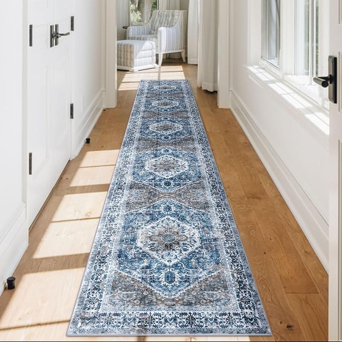 KOZYFLY Runners for Hallways 2x12 Ft Extra Long Washable Kitchen Runner Rug Boho Runner Rug for Entryway Indoor Blue Printed Oriental Faux Wool Stair Runner Floor Carpet Runner for Stair Kitchen Hall