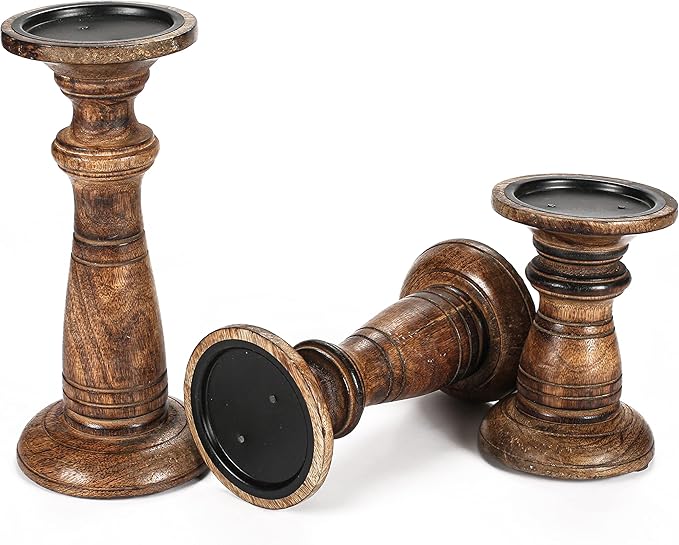 Hand Crafted Wooden Pillar Candle Holders Set of 3, Ideal for LED and Pillar Candles, Gifts for Wedding, Christmas, Party, Home, Spa, Reiki, Aromatherapy, Votive Candle Gardens - 10, 8, 6 Inch - Burnt