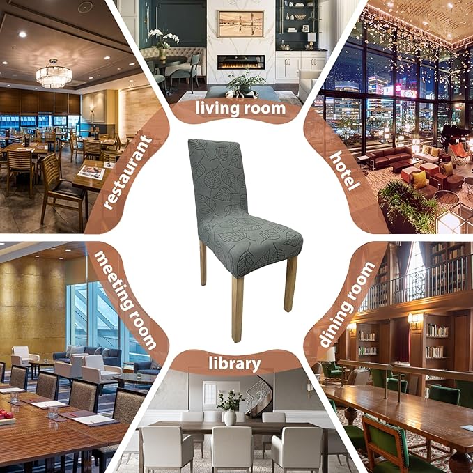 Dining Chair Covers,Dining Room Chair Covers Set of 6,Printed Chair Slipcover, Soft Removable Washable,Pet Friendly Furniture Protector Seat Cover,Universal Fit for Hotel,Banquet(Dark Gray Leaf)