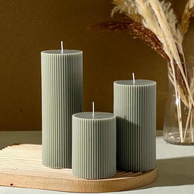 Ribbed Pillar Candles Set of 3, Width 3" High 4" 6" 8" Large Soy Wax Orchids Scented Pillar Candles Aesthetic Ribbed Modern Home Decor for Bathroom Living Room(Bean Green)