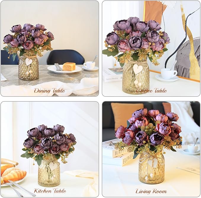Faux Flowers in Vase,Fake Flowers in Vase 21 Pcs Faux Peony Flowers,Artificial Flowers for Home Decor, Indoor Centerpiece for Living Room & Dining Table (Purple Red)