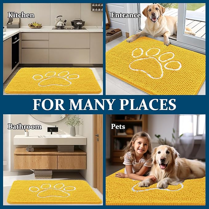 OLANLY Dog Door Mat for Muddy Paws 36x24, Paw Print Design, Absorbs Moisture and Dirt, Absorbent Non-Slip Washable Doormat, Quick Dry Chenille Mud Mat for Dogs, Entry Indoor Entryway Carpet, Yellow