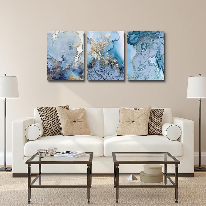 Blue Abstract Canvas Wall Art For Living Room Bedroom Wall Decor Office Pictures Watercolor Wall Paintings Bathroom Home Decoration Posters Prints Artwork 12'' X 16'' 3 Piece Set