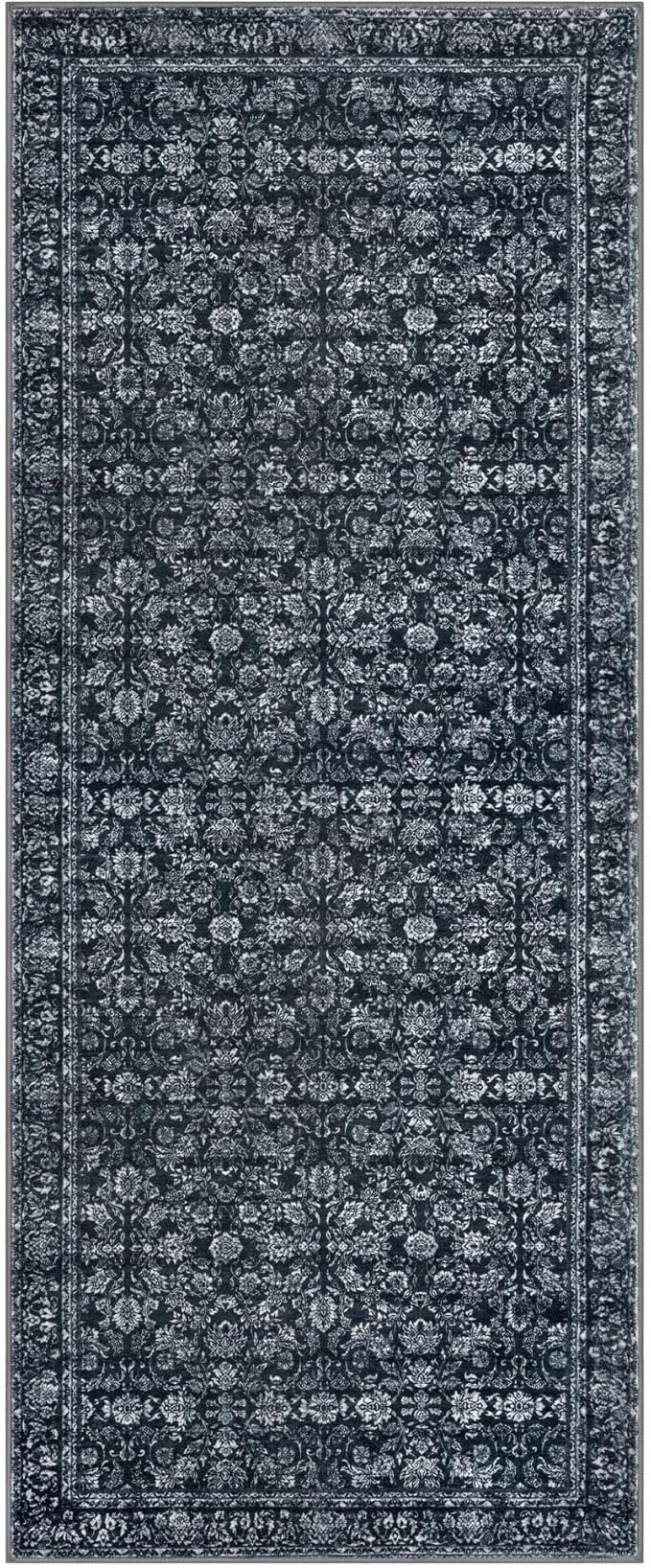 2x5 Washable Runner Rug Black Small Area Rugs for Entryway, Soft Non-Slip Indoor Door Mat Distressed Floral Low-Pile Neutral Vintage Carpet for Entrance Kitchen Bedside Farmhouse