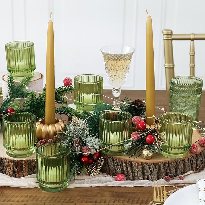 Kate Aspen Vintage Ribbed Glass Candle Holder Decor, Green Votive Candle Holders for Holiday Table Decor, Tealight Candles Holder Glass (Set of 6), Dinning & Christmas Table Decoration (Pack of 6)