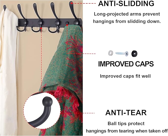 Dseap Coat Rack Wall Mounted - 5 Tri Hooks, Heavy Duty, Stainless Steel, Metal Coat Hook Rail for Coat Hat Towel Purse Robes Mudroom Bathroom Entryway, Yellow